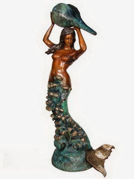 life size bronze mermaid with large seashell conch above head